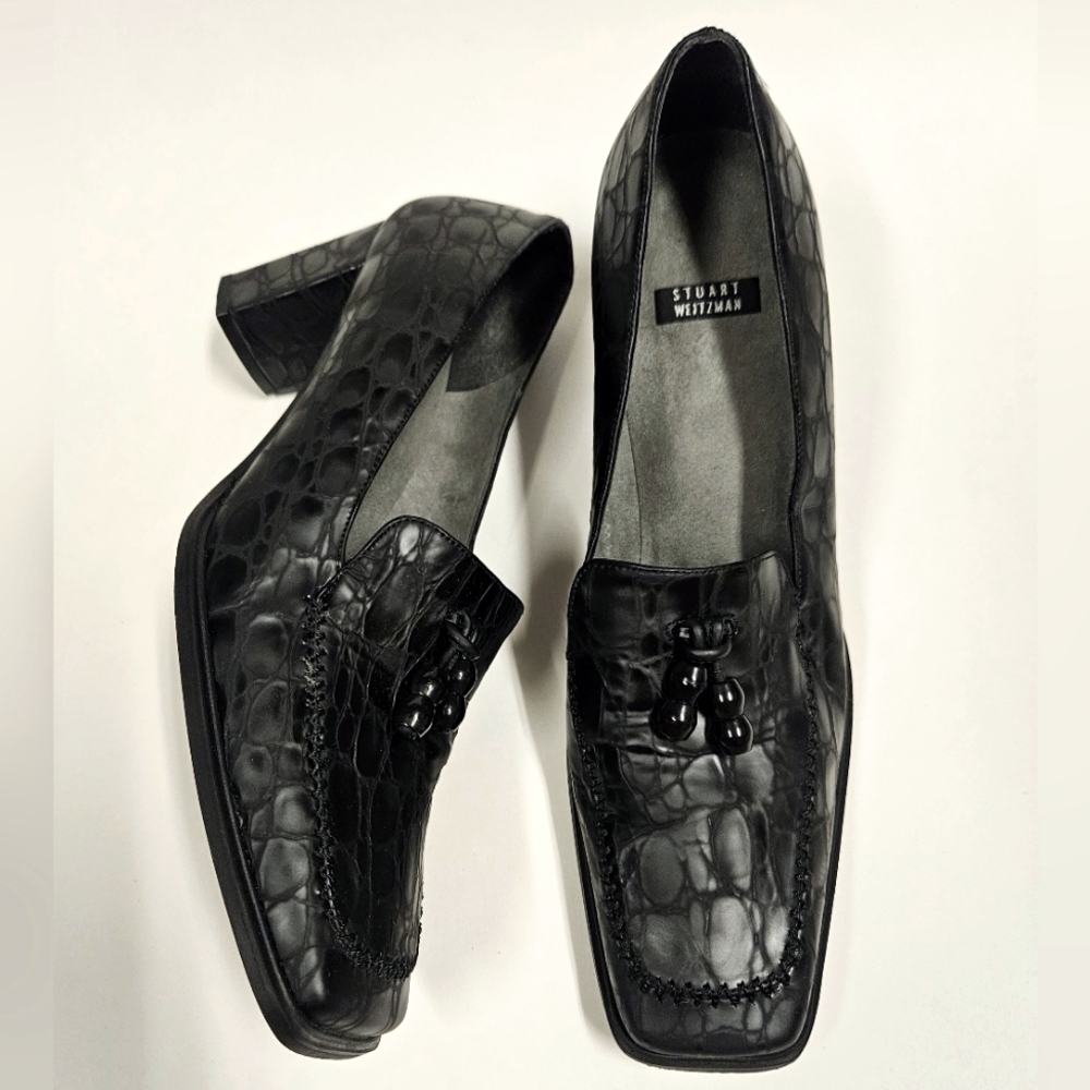 Vintage Stuart Weitzman Black Leather block Heel Pumps Tassel bead loafe size 8